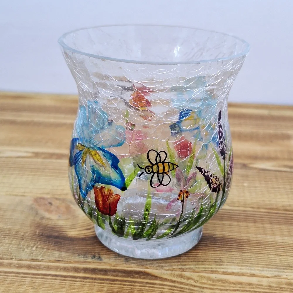 Crackle Glass Vase With Painted Flowers  3.5